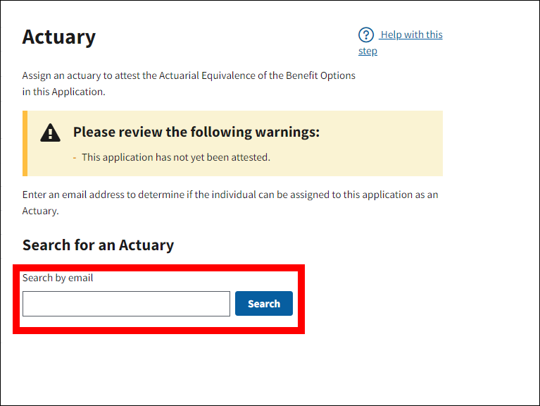 Actuary page with Search by email section highlighted.