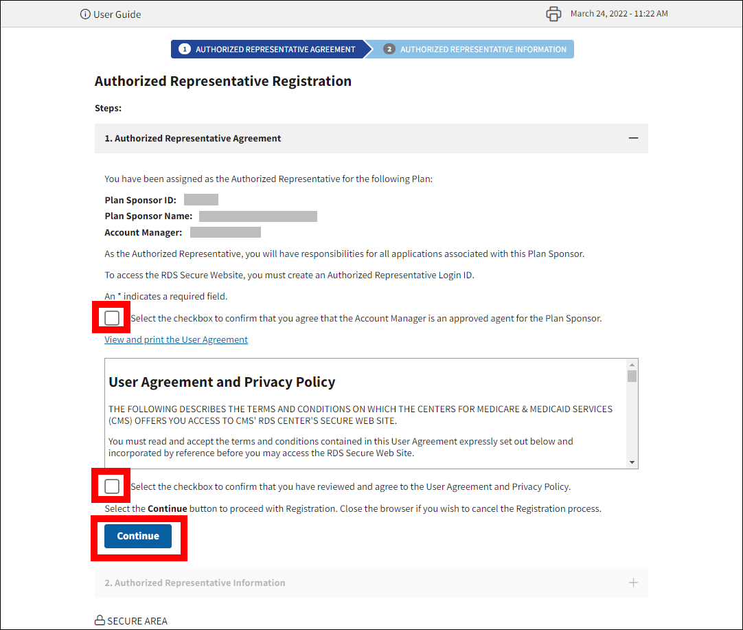 Authorized Representative Registration page with AM confirmation and User Agreement checkboxes, and Continue button highlighted.