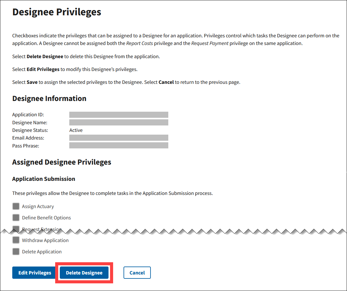 Designee Privileges page with sample data. Delete Designee button is highlighted.
