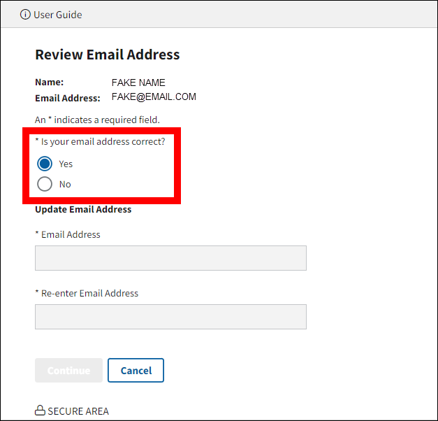 Review Email Address page with sample data. Yes and No radio buttons are highlighted.