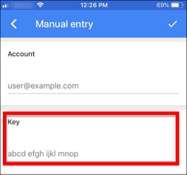 Manual Entry screen of Google Authenticator mobile app with sample form data. Key section is highlighted.