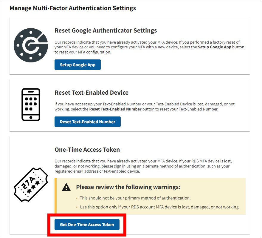 Manage Multi-Factor Authentication Settings page with Get One-Time Access Token button highlighted.