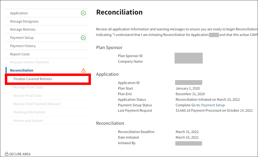 Reconciliation page with sample data. Finalize Covered Retirees is highlighted in left nav.