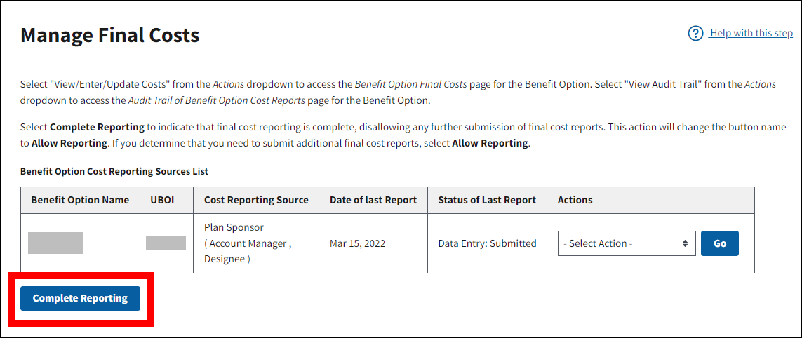 Manage Final Costs page with sample data. Complete Reporting button is highlighted.