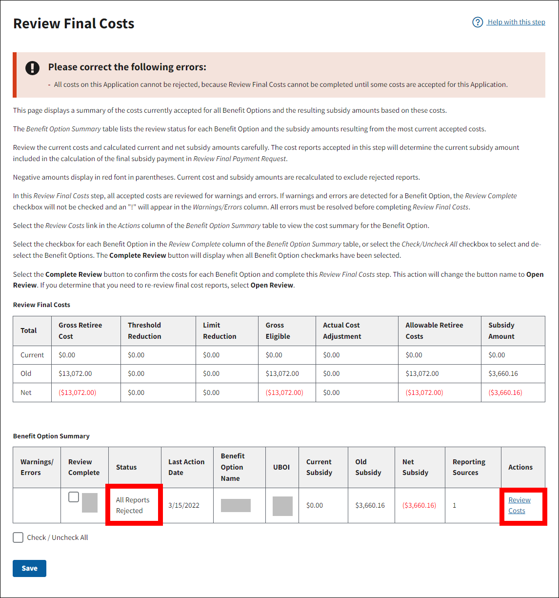Review Final Costs page with sample data. In the Benefit Option Summary table, Status and Actions are highlighted.