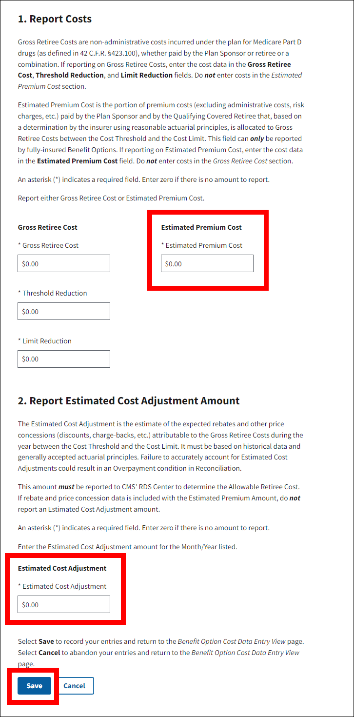 Update Benefit Option Interim Costs page with sample data. Estimated Premium Cost and Cost Adjustment form fields, and Save button are highlighted.