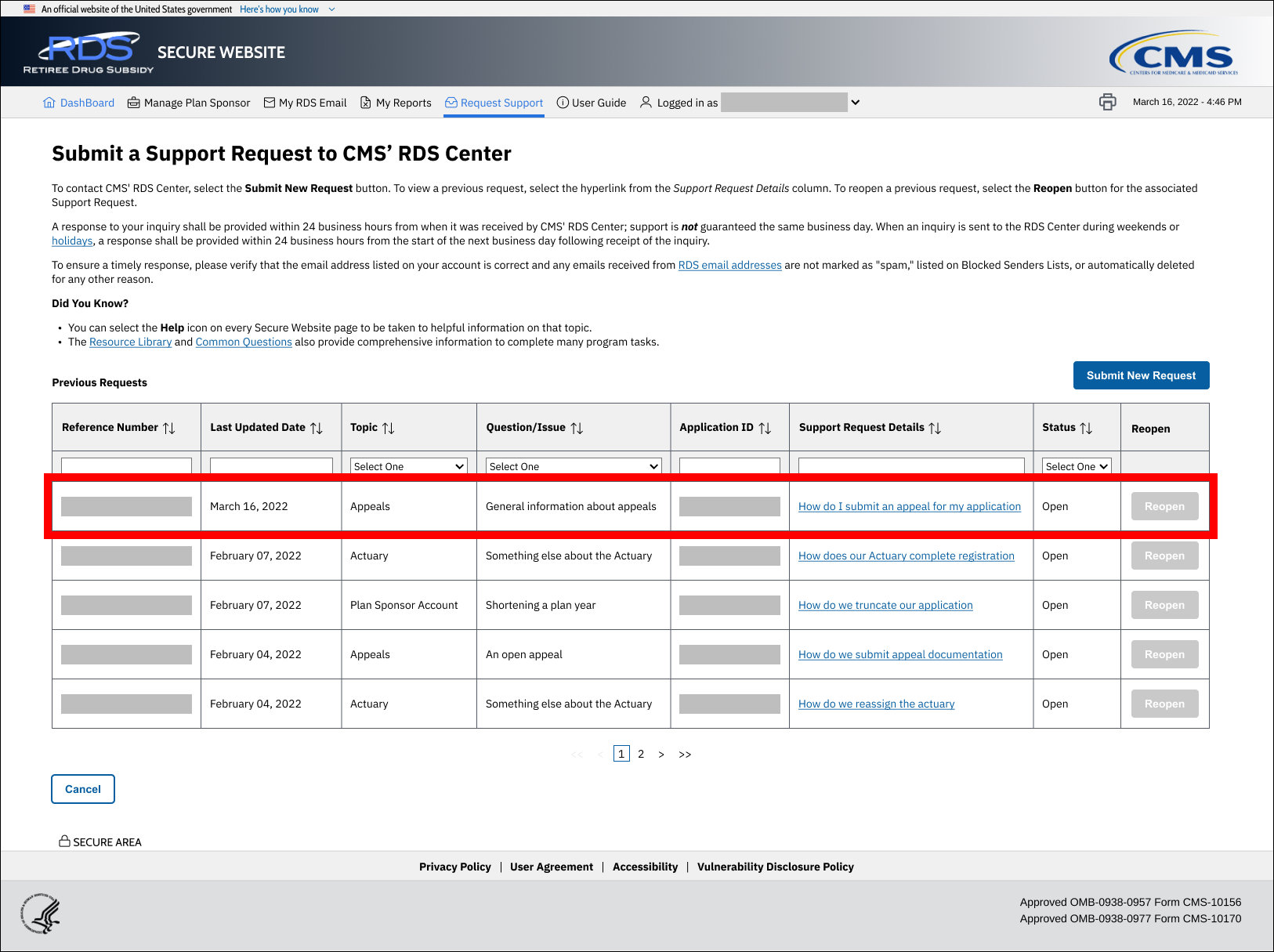 Submit a Support Request to CMS' RDS Center page with sample data. New row of Previous Requests table is highlighted.