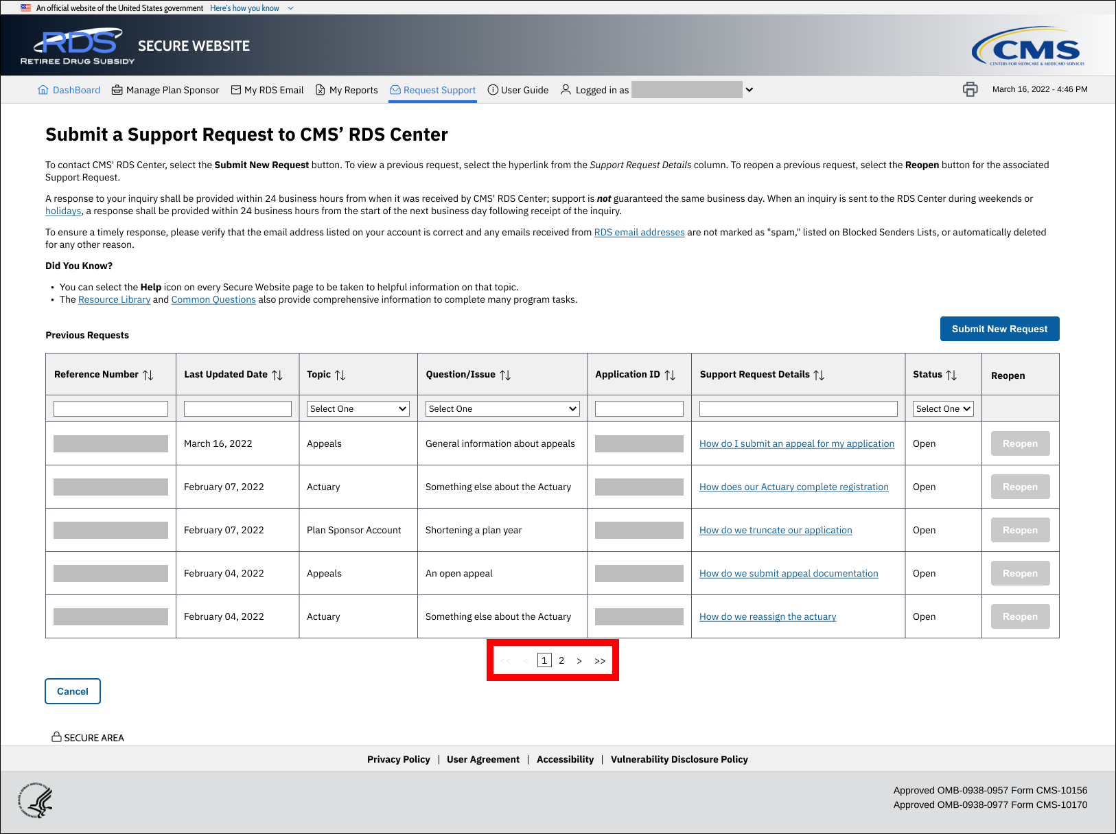 Submit a Support Request to CMS' RDS Center page with sample data. Page number links are highlighted.