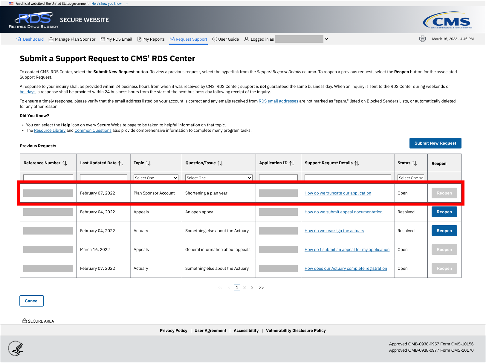 Submit a Support Request to CMS' RDS Center page with sample data. Updated row of Previous Requests table is highlighted.