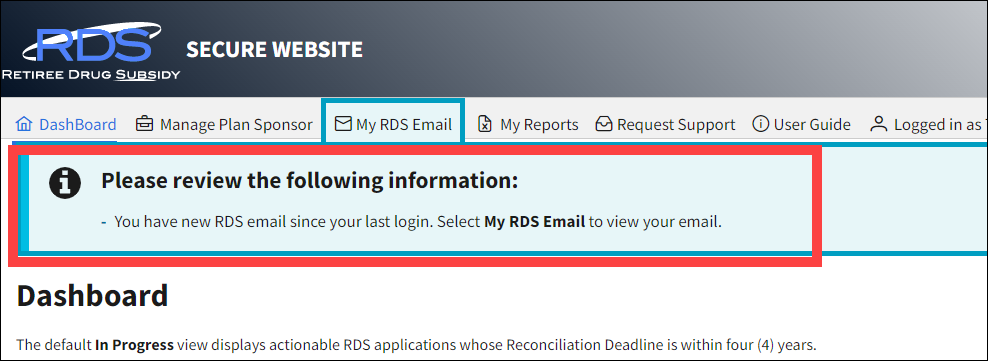 Dashboard page with sample data. My RDS Email is highlighted in top nav and an Information message is displayed.